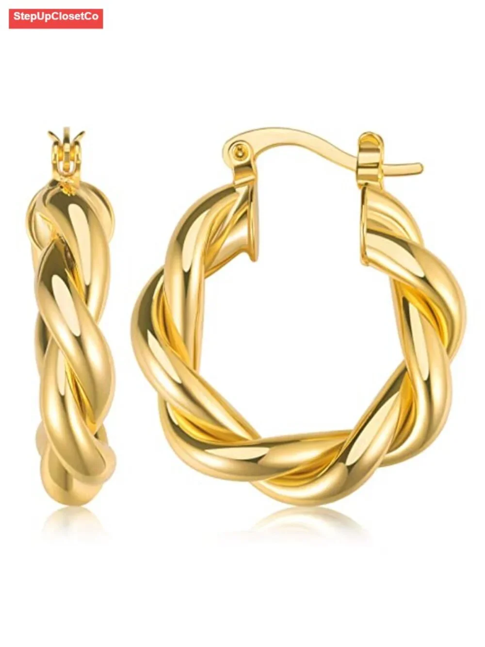 18K Gold Plated Chunky Twisted Hoop Earrings Hypoallergenic